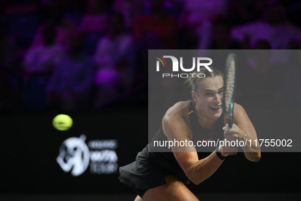 RIYADH, SAUDI ARABIA - NOVEMBER 08: Aryna Sabalenka of Belarus during her semi-final match against Coco Gauff of USA, on Day 7 of the 2024 W...