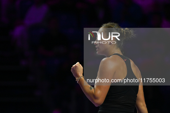 RIYADH, SAUDI ARABIA - NOVEMBER 08: Aryna Sabalenka of Belarus during her semi-final match against Coco Gauff of USA, on Day 7 of the 2024 W...