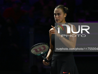 RIYADH, SAUDI ARABIA - NOVEMBER 08: Aryna Sabalenka of Belarus during her semi-final match against Coco Gauff of USA, on Day 7 of the 2024 W...