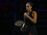 RIYADH, SAUDI ARABIA - NOVEMBER 08: Aryna Sabalenka of Belarus during her semi-final match against Coco Gauff of USA, on Day 7 of the 2024 W...