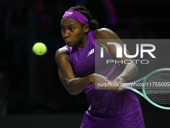 RIYADH, SAUDI ARABIA - NOVEMBER 08: Coco Gauff of USA during her semi-final match against Aryna Sabalenka of Belarus, on Day 7 of the 2024 W...