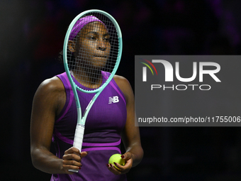 RIYADH, SAUDI ARABIA - NOVEMBER 08: Coco Gauff of USA during her semi-final match against Aryna Sabalenka of Belarus, on Day 7 of the 2024 W...