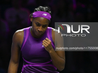 RIYADH, SAUDI ARABIA - NOVEMBER 08: Coco Gauff of USA during her semi-final match against Aryna Sabalenka of Belarus, on Day 7 of the 2024 W...