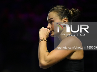 RIYADH, SAUDI ARABIA - NOVEMBER 08: Aryna Sabalenka of Belarus during her semi-final match against Coco Gauff of USA, on Day 7 of the 2024 W...