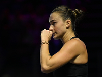 RIYADH, SAUDI ARABIA - NOVEMBER 08: Aryna Sabalenka of Belarus during her semi-final match against Coco Gauff of USA, on Day 7 of the 2024 W...