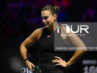 RIYADH, SAUDI ARABIA - NOVEMBER 08: Aryna Sabalenka of Belarus during her semi-final match against Coco Gauff of USA, on Day 7 of the 2024 W...