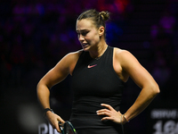 RIYADH, SAUDI ARABIA - NOVEMBER 08: Aryna Sabalenka of Belarus during her semi-final match against Coco Gauff of USA, on Day 7 of the 2024 W...