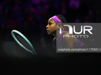 RIYADH, SAUDI ARABIA - NOVEMBER 08: Aryna Sabalenka of Belarus during her semi-final match against Coco Gauff of USA, on Day 7 of the 2024 W...