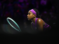 RIYADH, SAUDI ARABIA - NOVEMBER 08: Aryna Sabalenka of Belarus during her semi-final match against Coco Gauff of USA, on Day 7 of the 2024 W...