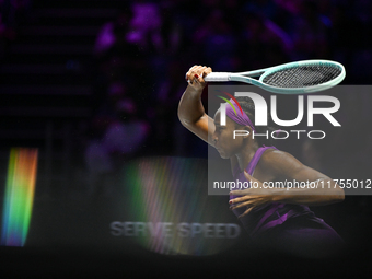 RIYADH, SAUDI ARABIA - NOVEMBER 08: Coco Gauff of USA during her semi-final match against Aryna Sabalenka of Belarus, on Day 7 of the 2024 W...