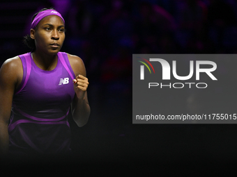 RIYADH, SAUDI ARABIA - NOVEMBER 08: Coco Gauff of USA during her semi-final match against Aryna Sabalenka of Belarus, on Day 7 of the 2024 W...