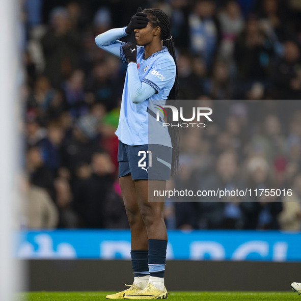 Khadija Shaw #21 of Manchester City W.F.C. celebrates her goal during the Barclays FA Women's Super League match between Manchester City and...