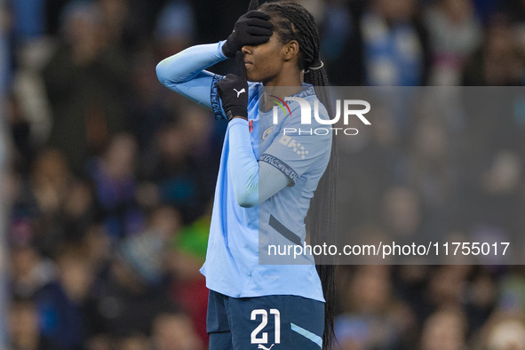 Khadija Shaw #21 of Manchester City W.F.C. celebrates her goal during the Barclays FA Women's Super League match between Manchester City and...