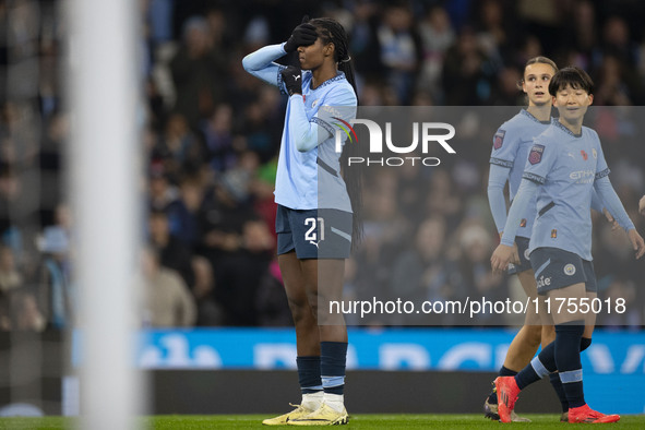 Khadija Shaw #21 of Manchester City W.F.C. celebrates her goal during the Barclays FA Women's Super League match between Manchester City and...