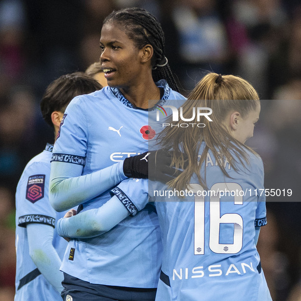 Khadija Shaw #21 of Manchester City W.F.C. celebrates her goal during the Barclays FA Women's Super League match between Manchester City and...