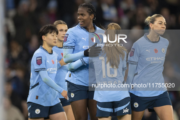 Khadija Shaw #21 of Manchester City W.F.C. celebrates her goal during the Barclays FA Women's Super League match between Manchester City and...