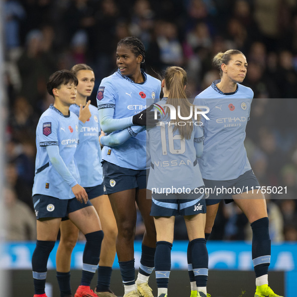 Khadija Shaw #21 of Manchester City W.F.C. celebrates her goal during the Barclays FA Women's Super League match between Manchester City and...