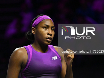 RIYADH, SAUDI ARABIA - NOVEMBER 08: Coco Gauff of USA during her semi-final match against Aryna Sabalenka of Belarus, on Day 7 of the 2024 W...