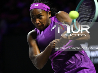 RIYADH, SAUDI ARABIA - NOVEMBER 08: Coco Gauff of USA during her semi-final match against Aryna Sabalenka of Belarus, on Day 7 of the 2024 W...