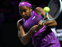 RIYADH, SAUDI ARABIA - NOVEMBER 08: Coco Gauff of USA during her semi-final match against Aryna Sabalenka of Belarus, on Day 7 of the 2024 W...