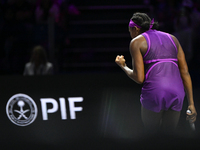 RIYADH, SAUDI ARABIA - NOVEMBER 08: Coco Gauff of USA during her semi-final match against Aryna Sabalenka of Belarus, on Day 7 of the 2024 W...