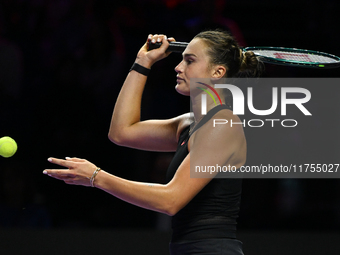 RIYADH, SAUDI ARABIA - NOVEMBER 08: Aryna Sabalenka of Belarus during her semi-final match against Coco Gauff of USA, on Day 7 of the 2024 W...