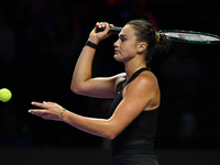 RIYADH, SAUDI ARABIA - NOVEMBER 08: Aryna Sabalenka of Belarus during her semi-final match against Coco Gauff of USA, on Day 7 of the 2024 W...