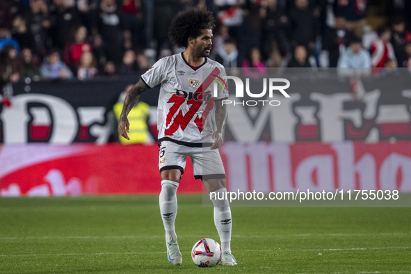 Aridane Hernandez of Rayo Vallecano is in action with the ball during the La Liga EA Sports 2024/25 football match between Rayo Vallecano an...