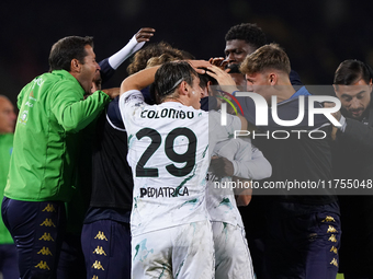 Pietro Pellegri of Empoli FC celebrates a goal during the Serie A match between US Lecce and Empoli in Lecce, Italy, on November 8, 2024. (