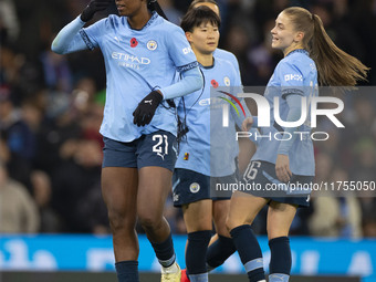 Khadija Shaw #21 of Manchester City W.F.C. celebrates her goal during the Barclays FA Women's Super League match between Manchester City and...