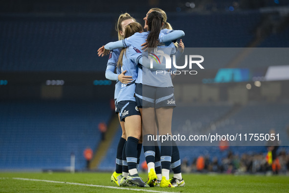 Jill Roord, number 10 of Manchester City W.F.C., celebrates her goal with teammates during the Barclays FA Women's Super League match betwee...