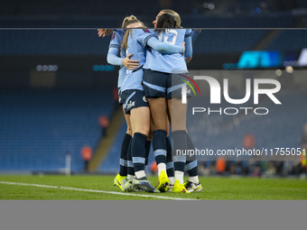 Jill Roord, number 10 of Manchester City W.F.C., celebrates her goal with teammates during the Barclays FA Women's Super League match betwee...