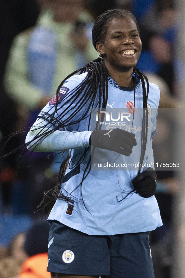 Khadija Shaw #21 of Manchester City W.F.C. celebrates her goal during the Barclays FA Women's Super League match between Manchester City and...