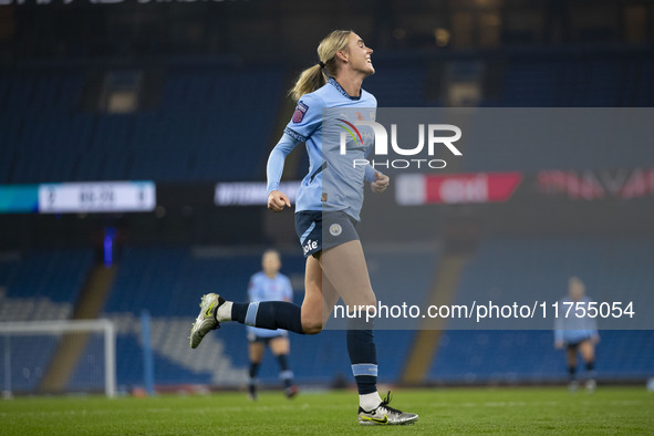 Jill Roord, number 10 of Manchester City W.F.C., celebrates her goal during the Barclays FA Women's Super League match between Manchester Ci...