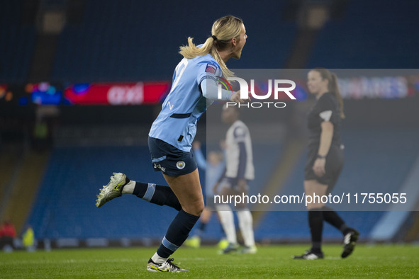 Jill Roord, number 10 of Manchester City W.F.C., celebrates her goal during the Barclays FA Women's Super League match between Manchester Ci...