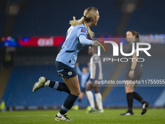 Jill Roord, number 10 of Manchester City W.F.C., celebrates her goal during the Barclays FA Women's Super League match between Manchester Ci...