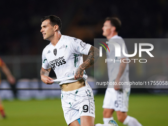 Pietro Pellegri of Empoli FC celebrates a goal during the Serie A match between US Lecce and Empoli in Lecce, Italy, on November 8, 2024. (