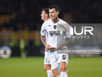 Pietro Pellegri of Empoli FC celebrates a goal during the Serie A match between US Lecce and Empoli in Lecce, Italy, on November 8, 2024. (