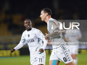 Pietro Pellegri of Empoli FC celebrates a goal during the Serie A match between US Lecce and Empoli in Lecce, Italy, on November 8, 2024. (