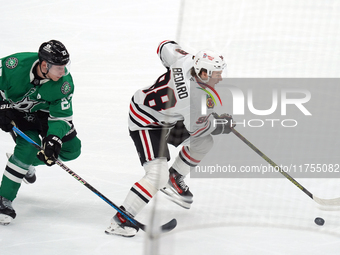 Esa Lindell #23 of the Dallas Stars and Connor Bedard #98 of the Chicago Blackhawks battle for the puck during the NHL match at American Air...