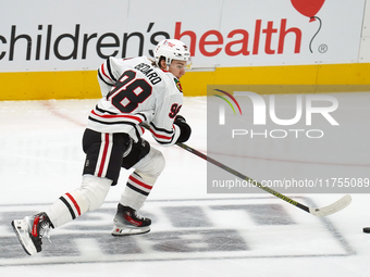 Connor Bedard #98 of the Chicago Blackhawks skates on the ice while driving forward with the puck during the NHL match against the Dallas St...