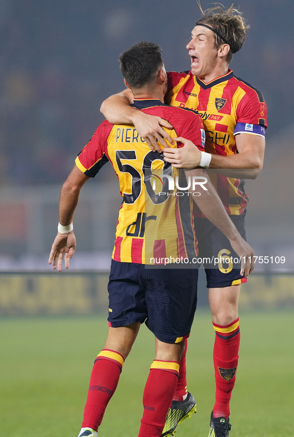 Santiago Pierotti of US Lecce celebrates a goal during the Serie A match between US Lecce and Empoli in Lecce, Italy, on November 8, 2024. 