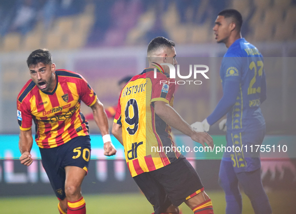 Santiago Pierotti of US Lecce celebrates a goal during the Serie A match between US Lecce and Empoli in Lecce, Italy, on November 8, 2024. 