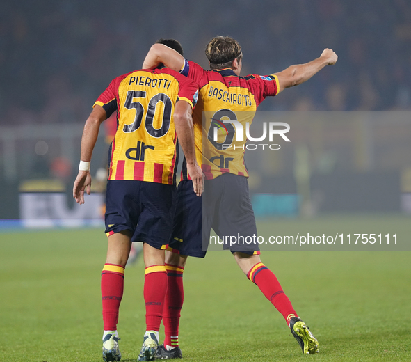 Santiago Pierotti of US Lecce celebrates a goal during the Serie A match between US Lecce and Empoli in Lecce, Italy, on November 8, 2024. 