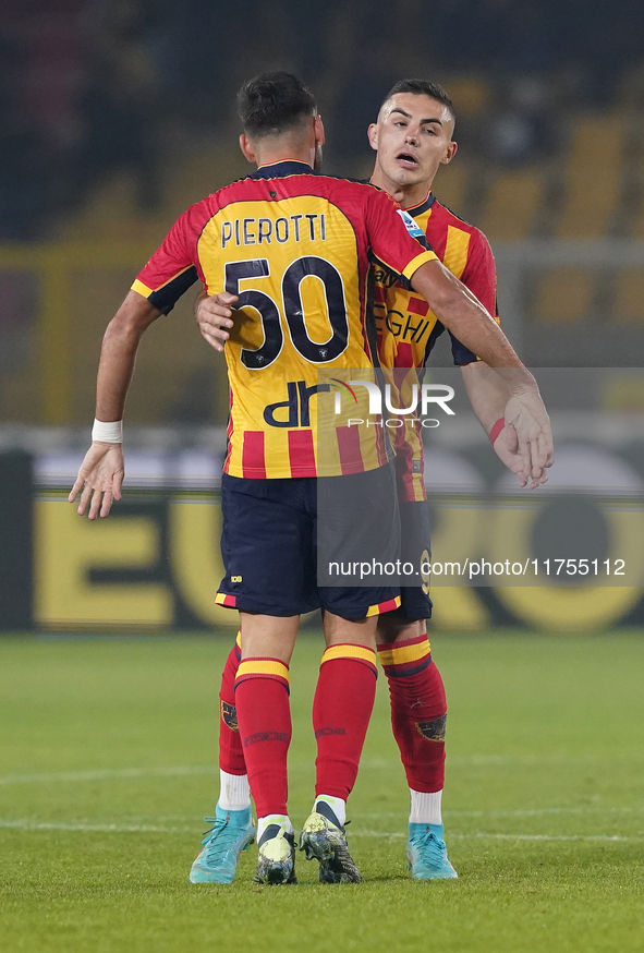 Santiago Pierotti of US Lecce celebrates a goal during the Serie A match between US Lecce and Empoli in Lecce, Italy, on November 8, 2024. 