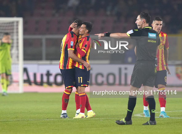 Santiago Pierotti of US Lecce celebrates a goal during the Serie A match between US Lecce and Empoli in Lecce, Italy, on November 8, 2024. 