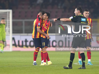 Santiago Pierotti of US Lecce celebrates a goal during the Serie A match between US Lecce and Empoli in Lecce, Italy, on November 8, 2024. (