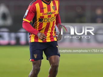 Patrick Dorgu of US Lecce is in action during the Serie A match between US Lecce and Empoli in Lecce, Italy, on November 8, 2024. (