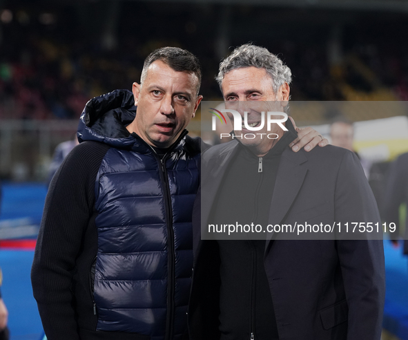 Luca Gotti, head coach of US Lecce, is with Roberto D'Aversa, head coach of Empoli FC, during the Serie A match between US Lecce and Empoli...