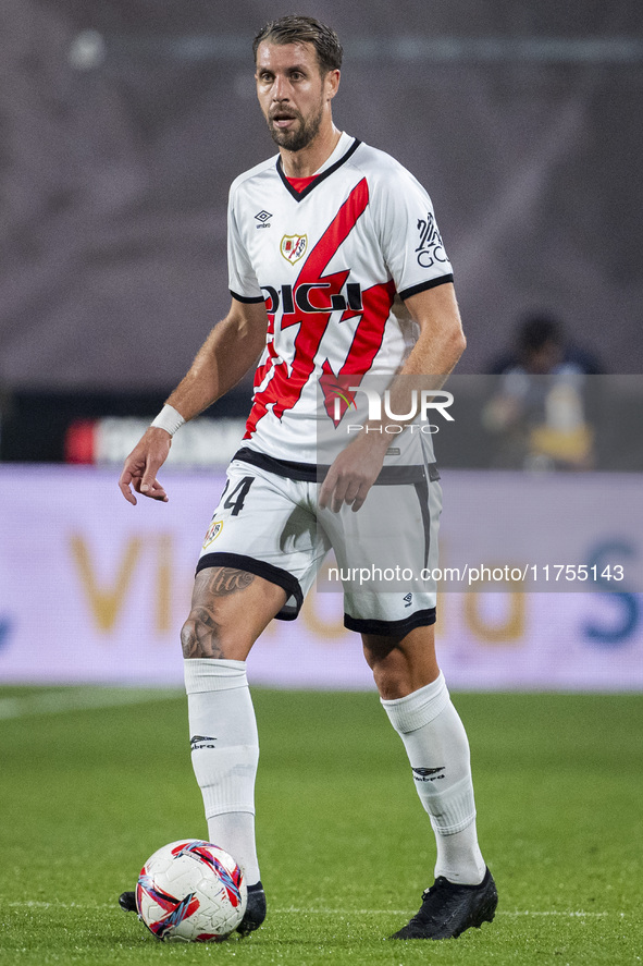 Florian Lejeune of Rayo Vallecano is in action with the ball during the La Liga EA Sports 2024/25 football match between Rayo Vallecano and...